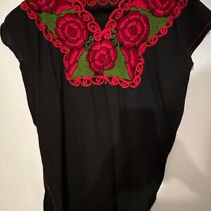 Black and Red Embellished Blouse with Bib Collar
